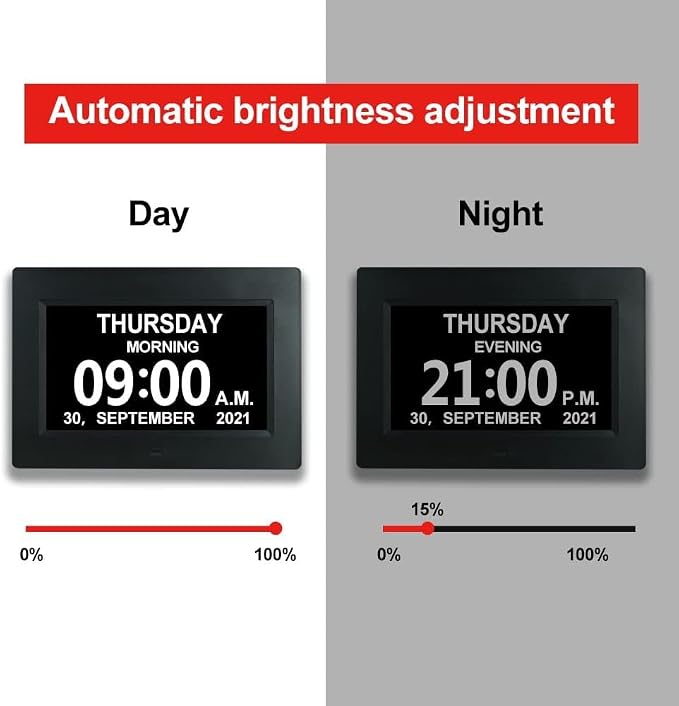 TMC 7 Inch Digital Clock with Day and Date for Elderly - 12 Alarm Options, Auto-Dim, Age Seniors,Elderly, Alzheimer