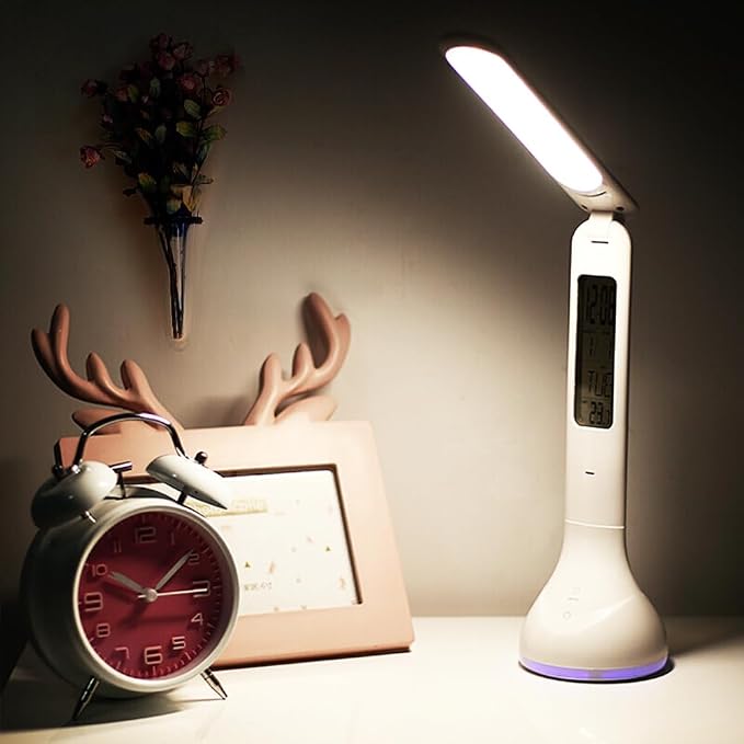IHAO 7-Color Gradient Ambient Desk Lamp with LED Display Eye-Caring LED Table Lamp with Calendar, Temperature Display, Multi-Angle Adjustable Modern Office Lamp for Home & Office T19A White