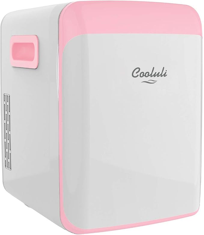 Cooluli 15L Mini Fridge for Bedroom - Car, Office Desk & College Dorm Room - 12V Portable Cooler & Warmer for Food, Drinks, Skin Care, Beauty, Makeup & Cosmetics - AC/DC Small Refrigerator (Pink)