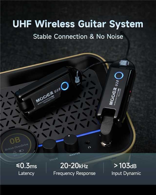 MOOER U10 Wireless Guitar System, UHF Wireless Guitar Transmitter Receiver Low Interference with 4 Channels for Electric Musical Instruments Guitar Bass Amp