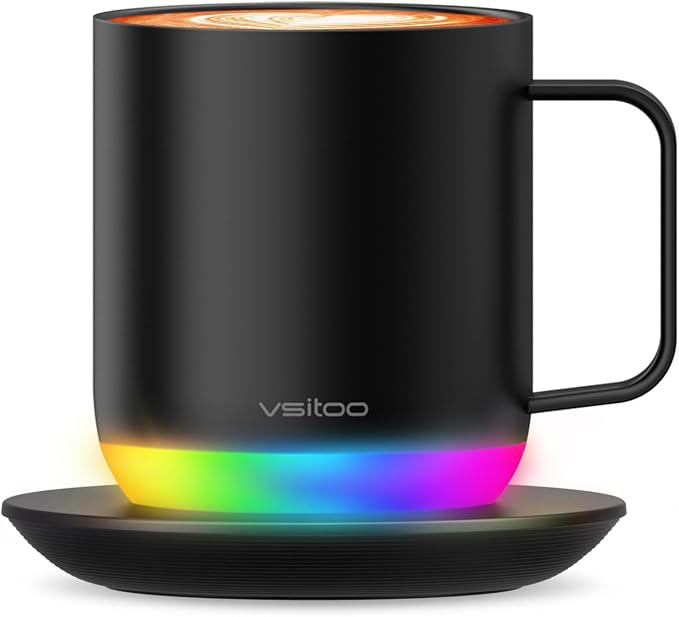 Vsitoo S6 Plus 12oz Smart Self Heating Coffee Mug, AI Auto-Sensing Heated Espresso Mug Temp Control 120-150℉, Rechargeable Mug Warmer with Music LED, IPX7 Gift for Women Men- Black