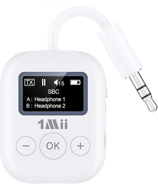 1Mii Bluetooth 5.3 Transmitter w/Screen for TV to 2 Headphones, aptX AD/LL/HD Hi-Fi Audio, 25H Playtime, 3.5mm AUX Bluetooth Adapter for TV, PC, CD Player, MP3, Gym, Projector - Transmitter Only