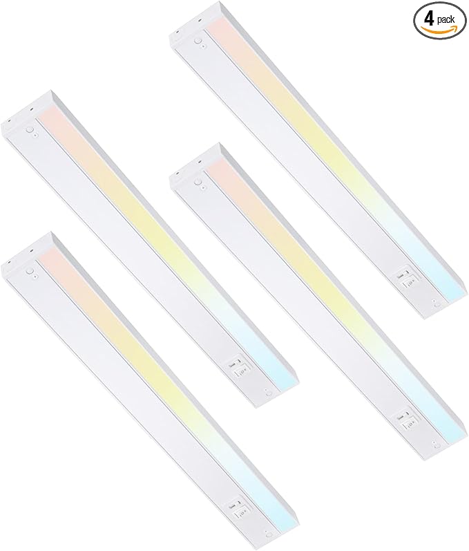TORCHSTAR 4-Pack 22 Inch LED Under Cabinet Lighting 5CCT, ETL T24, 14W 1050LM, Hardwired & Plug-in, 5 Color Selectable CRI90 120V, Dimmable Under Counter Lights for Kitchen, White Aluminum Housing