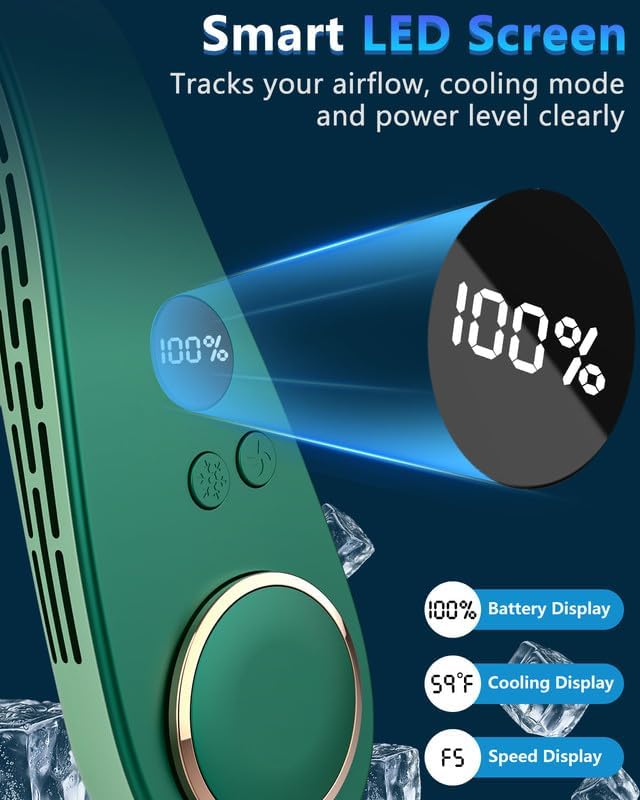 Neck Fan Air Conditioner,Neck Fans that Blow Cold Air,[3-19.5 Hours] Long Battery Life Neck Coolers for Extremely Hot Weather Flashes,Fanless Handsfree Hangs Fan Around Neck Headband Devices Green