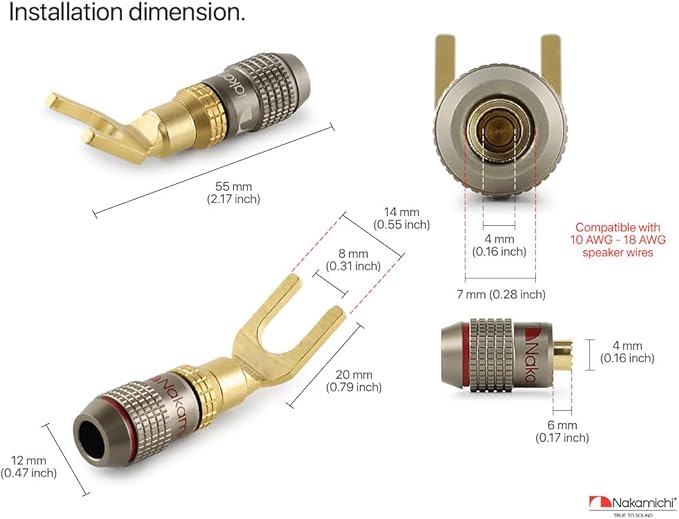 Nakamichi FanLock Excel Series 24k Gold Plated Spade Connector Banana Plug 10 AWG - 18 AWG Gauge Size 4mm for Speakers Amplifier Hi-Fi Home Theatre Wire Cable Quick Connector, 4 Pcs (2-Pairs)