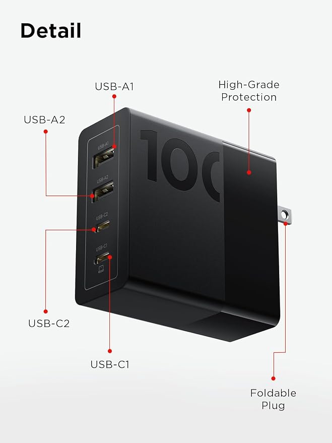 Lenovo 100W USB C Charger, 4-Port Multi-Device Fast Charging, Black GaN Power Block with 240W Cable, for Thinkpad, MacBook, Dell XPS, iPhone, Samsung