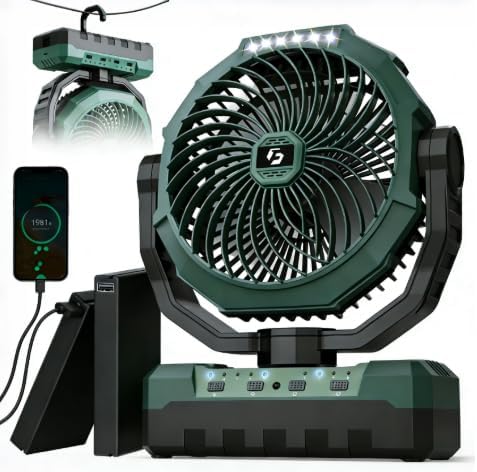 Rechargeable Fan with Detachable Battery - 48000mAh(127H Working) Camping Fan Portable, Battery Powered Fans with Hook, Timers, Ventilador Recargable for Tent, Travel, Gifts for Men Dad, Green