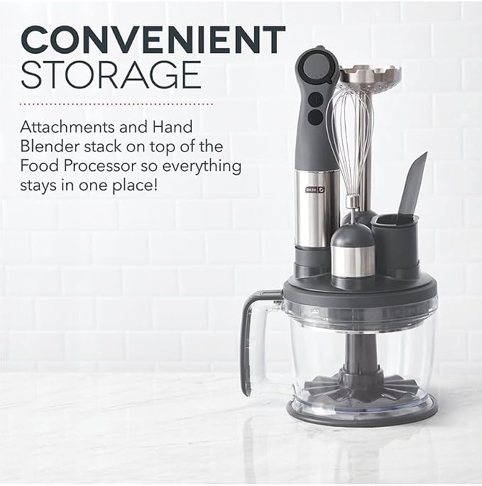 Dash Chef Series Deluxe Immersion Hand Blender Set, 5 Speed, 330W with Food Processor, Whisk, Masher & Dough Hook Attachments, Stainless Steel Blades for Soups, Sauces, Smoothies & Purées - Cool Grey