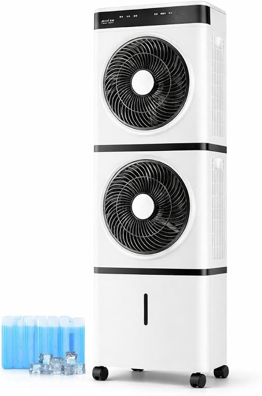 Dual Fans 3-IN-1 Evaporative Swamp Cooler, Portable Tower Fans that Blow Cold Air, 2L Water 2 Modes, 3 Speeds,12H Timer, 4 Ice Packs & 4 Wheels, 45°Oscillation, 35ft/s Velocity Quiet for Room Office