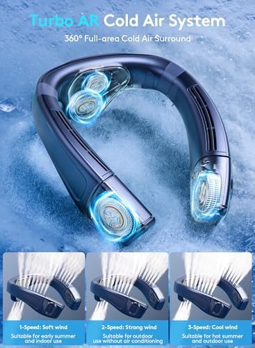 Portable Neck Air Conditioner, Upward & Downward Back Airflow Wearable Fan, Large Cooling Plate, 6000mAh Battery, Lightweight Bladeless Neck Fan for Golf, Travel, Outdoor Work (Blue)