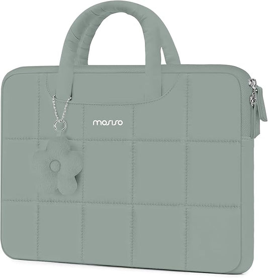 MOSISO Laptop Case 13.3 inch,13-13.3 inch Puffy Laptop Sleeve Compatible with MacBook Air 13 13.6/Pro/Neo 13/Pro 14,HP Dell ASUS Lenovo,Rectangle Quilted Bag with Handle&Flower Pendant, Antique Green