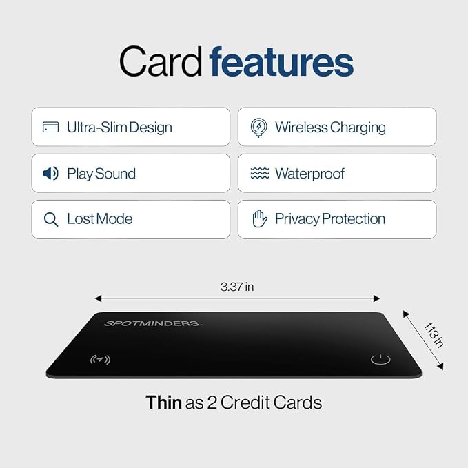 SPOTMINDERS Apple MFi Certified Wallet Tracker Card for Travel - Works with Apple Find My, IP68 Waterproof Rechargeable Tracking Card for Wallet Luggage Passport Purse - Ultra Slim 0.07in Item Finder