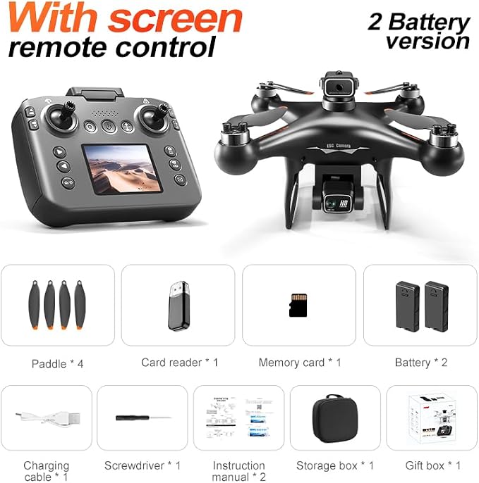 Hobby RC Drone with Screen-equipped Remote Controller, Dual Cameras & Optical Flow Positioning. Built with 6-Channel Gyro and Brushless Motor. Features Headless Mode, Hovering, One-Key Takeoff and Altitude Hold. Comes with 2 Batteries. Easy-to-operate ...