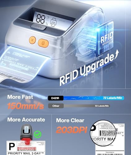 Phomemo D421R Bluetooth Thermal Label Printer with Screen for Paper Level Display - RFID Auto Size Detection 4x6 Thermal Printer with Segmented Code Screen with 250 Labels