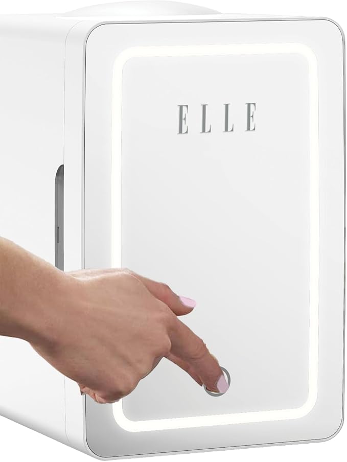 ELLE 6L Mini Cooler Fridge with LED Makeup Mirror for Skincare & Cosmetic Storage Cooler & Warmer Removable Shelf Carrying Handle AC DC Power Options Small Refrigerator for Bedroom Car Office White