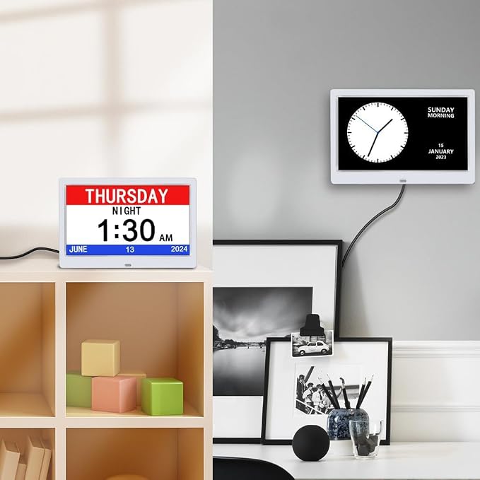 AINFTIME DST Digital Clock with Date and Day of Week for Elderly-12 Alarms Medication Reminder Dementia Alzheimers Clock Calendar with Extra Large Display (10.1 inch White)