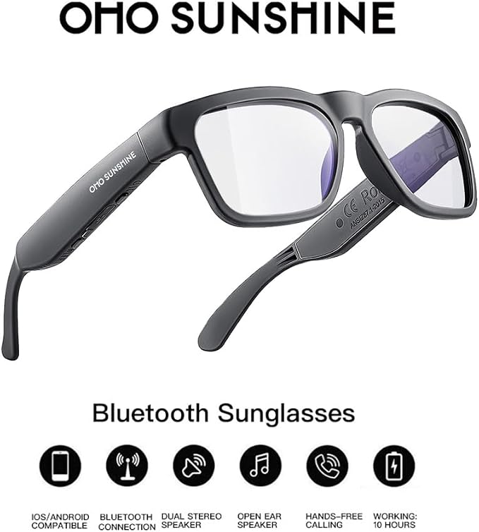 OhO sunshine Bluetooth Audio Sunglasses, Lightweight Open Ear Sport Glasses, 10H Playtime, UV400 ANSI Z87.1, Water Resistant with Voice Control