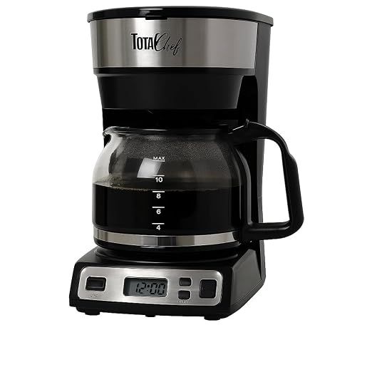 Total Chef TCCM06 Programmable Coffee Maker Stainless Steel with 12-Cup Glass Carafe, LCD Display, Reusable Basket Filter Easy Cleanup Built in Water-Level Indicator, Countertop, Black/Gray