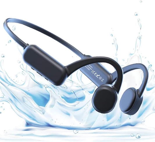 IHAO Swimming Headphones True Bone Conduction Open Ear Headset MP3 Player Built-in 16G Memory IP68 Underwater Waterproof Stereo Bluetooth Earphone for Driving Bicycling Running Skiing-Black