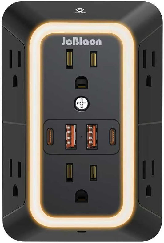 Wall Outlet Extender with Night Light, Power Plug Adapter 6 Outlet Extender with 4 USB Charging Ports（2 USB C）,1050J Power Strip Multi Plug Adapter Spaced for Home Office Travel-Black