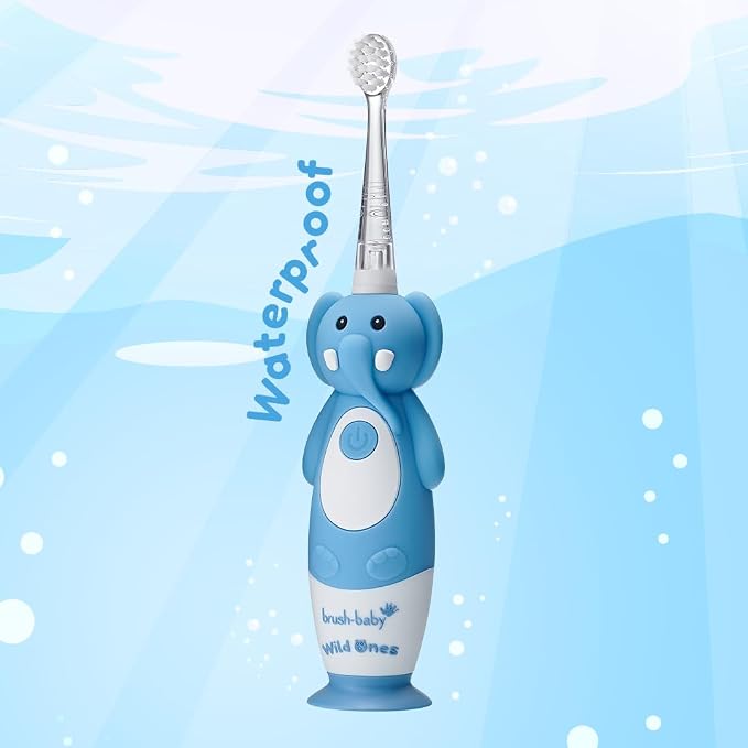 brush-baby WildOnes Kids Electric Rechargeable Toothbrush Elephant, 1 Handle, 3 Brush Heads, USB Charging Cable, for Ages 0-10 (Elephant)