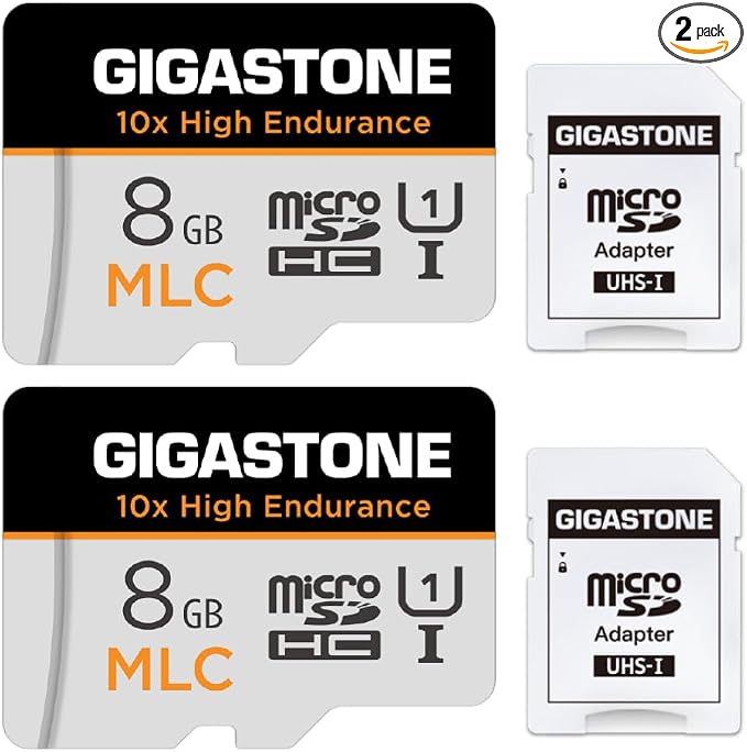 [10x High Endurance] GIGASTONE Industrial 8GB MLC Micro SD Card 2-Pack, Full HD Video Recording, Security Cam, Dash Cam, Surveillance Compatible 85MB/s, U1, with Adapter [5-Yrs Free Data Recovery]