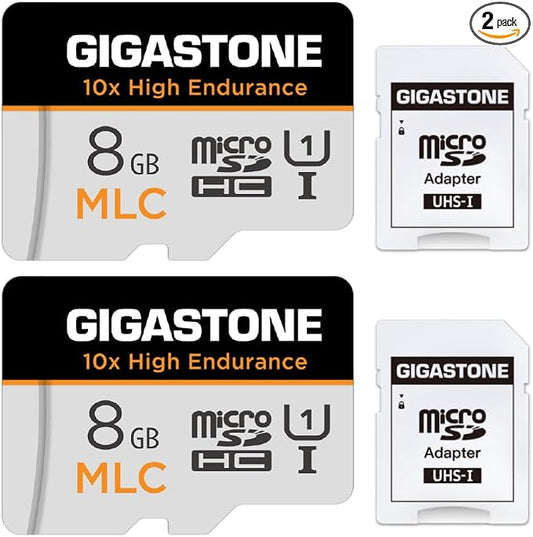 [10x High Endurance] GIGASTONE Industrial 8GB MLC Micro SD Card 2-Pack, Full HD Video Recording, Security Cam, Dash Cam, Surveillance Compatible 85MB/s, U1, with Adapter [5-Yrs Free Data Recovery]
