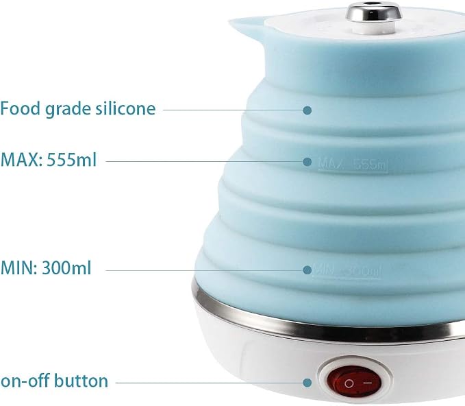 Ultrathin Upgraded Food Grade Silicone Travel Foldable Electric Kettle Boil Dry Protection Portable with Dual Voltage and Separable Power Cord,555ML 110-220V US Plug