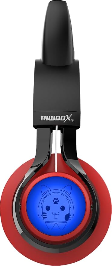 Riwbox CT-7 Cat Ear Bluetooth Headphones, LED Light Up Bluetooth Wireless Over Ear Headphones with Microphone and Volume Control for Travel/School/Smartphones/Laptop/PC/TV （Red&Black）
