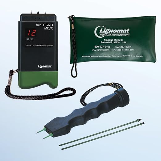 Lignomat Pin Wood Moisture Meter, Digital Moisture Detector for Lumber Drywall Firewood Masonry Woodworking Plaster Floor - mini-Ligno D/C, Electrode E14M, Pouch