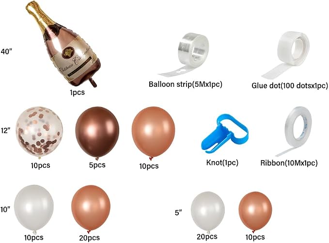 Restaurantware Balloon Arch Kit 86 Balloons, Strip, Rubber, Knot, Glue Dot Strip Balloon Decoration Set DIY Champagne Bottle Garland Assorted Colors for Party Decorations