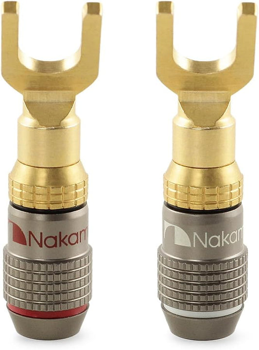 Nakamichi FanLock Excel Series 24k Gold Plated Spade Connector Banana Plug 10 AWG - 18 AWG Gauge Size 4mm for Speakers Amplifier Hi-Fi Home Theatre Wire Cable Quick Connector, 2 Pcs (1-Pair)