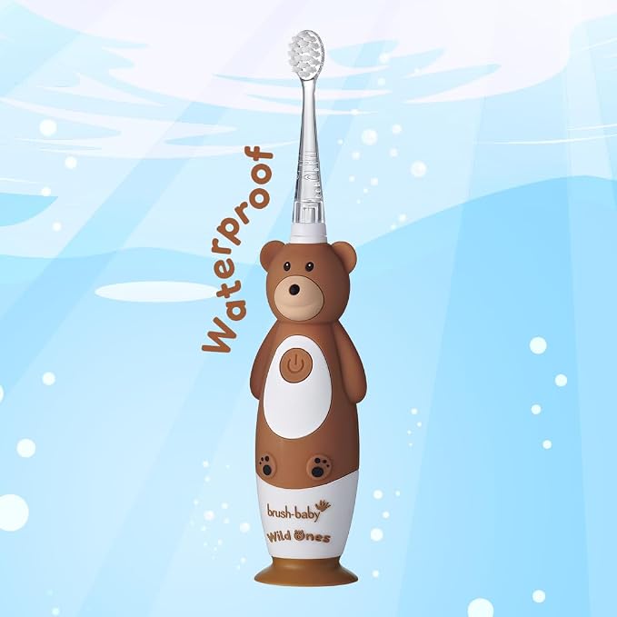 BrushBaby - WildOnes - Kids Rechargeable Electric Toothbrush, Ages 0-10 - Bear Design with Flashing Lights - DeepClean Bristles for Superior Cleaning - 2 Replacement Brush Heads, 1 USB Cable