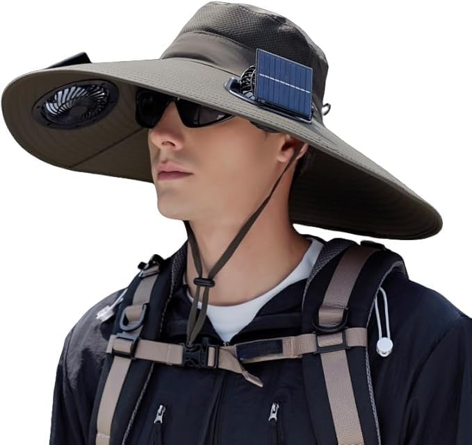 Solar Fan Hat 2 Fans, Outdoor Wide Brim Fishing Hat with Fan, Solar Cooling Bucket Fisherman Hats, Quick Dry Sun Cap with Fan