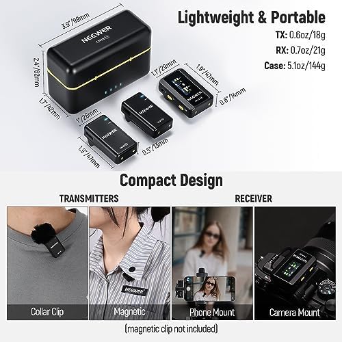 NEEWER CM28 Wireless Lavalier Microphone, Smart Noise Cancelling Lav Mic, 48KHz/16Bit 9hrs Uncompressed Recording, 200m Range, 4GB Storage for iPhone, Android, Camera, 1 RX + 2 TX + Charging Case