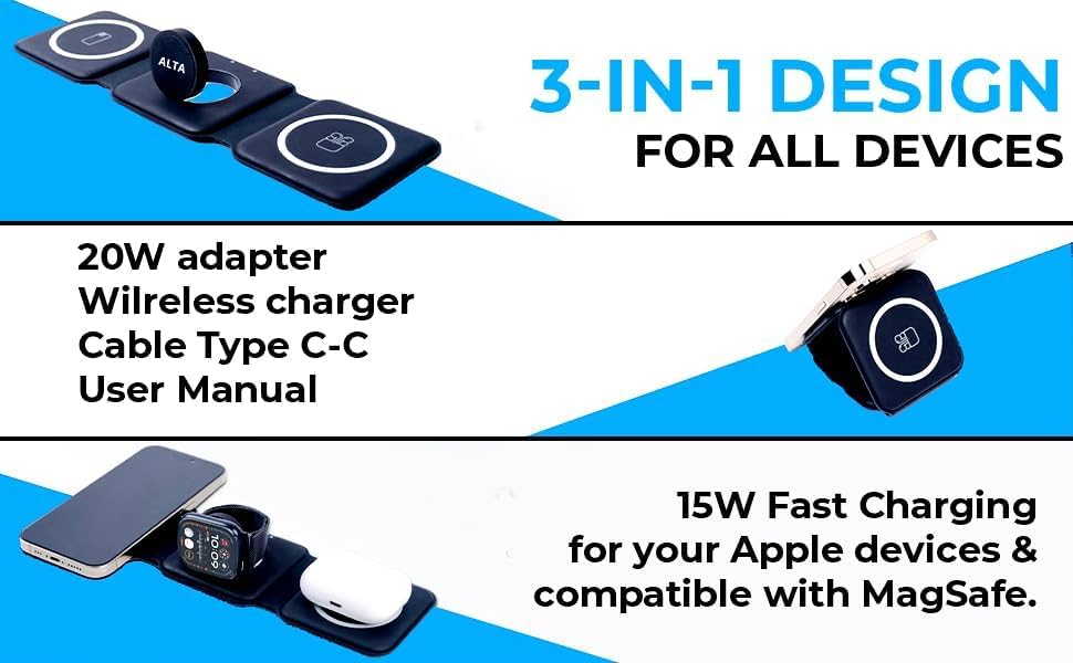3-in-1 Magnetic Wireless Charger for iPhone, Apple Watch & AirPods – Fast Charging Station, Foldable Dock for Travel & Desk, Compatible with All iPhone Models, with 20W Adapter