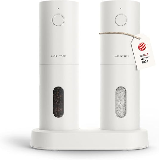LARS NYSØM Electric Salt and Pepper Grinder Set, USB Rechargeable, Automatic Salt and Pepper Mills, Spice Shakers Refillable with LED Light, Adjustable Coarseness, Ceramic Grinder (Pure White)
