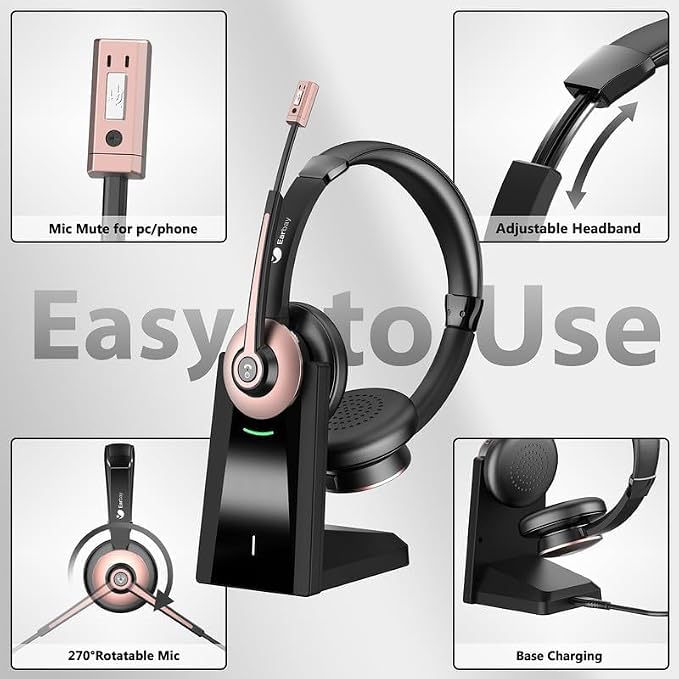 Earbay Wireless Headset, Bluetooth Headphones with Microphone Noise Canceling & Mute, Wireless Headset with Mic & USB Dongle/Charge Dock for Computer Phone Remote Work Office Call Center Teams