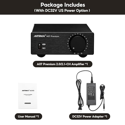 AIYIMA A07 Premium TPA3255 Power Amplifier 300Wx2 HiFi Class D Amp Mini 2 Channel Stereo Amplifier with Pre-Out for Desktop Bookshelf Speaker Home Audio System & DC32V 5A Power Adapter