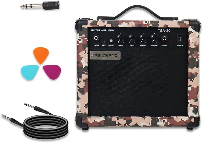 Electric Guitar Amp Pixel Mosaic Color 20W 6.5Inch Speaker Portable Size Input Jack Aux Drive Gain Bass Treble Volume Headphone Multi Function Suitable for Beginner Starter Practice in Home Outdoor