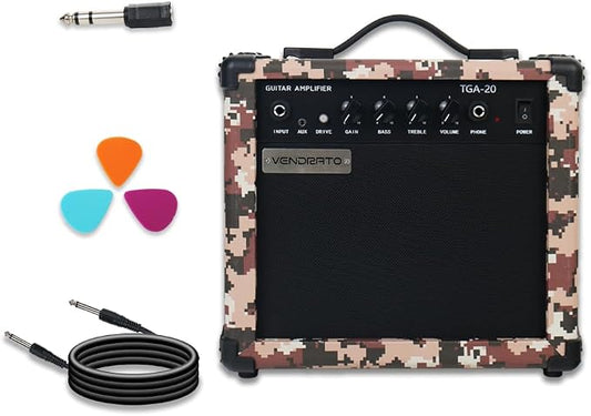 Electric Guitar Amp Pixel Mosaic Color 20W 6.5Inch Speaker Portable Size Input Jack Aux Drive Gain Bass Treble Volume Headphone Multi Function Suitable for Beginner Starter Practice in Home Outdoor