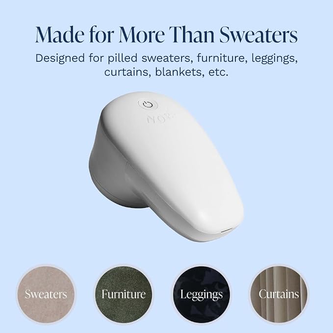 Nori Trim Fabric Shaver - Lint Remover for Clothes & Furniture Couch Pilling - Sweater Pill Remover - Clothes Shaver with 6 Precision Blades - Wireless and Rechargeable - White