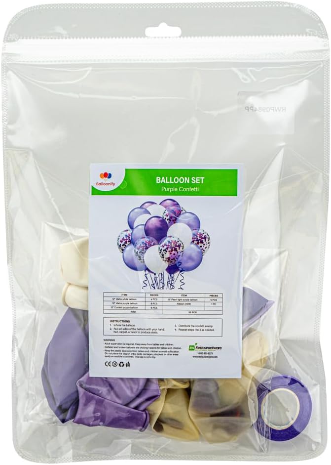 Restaurantware Balloonify 12 Inch Confetti Balloons 19 Party Balloons With Confetti Dots - With Ribbon Strong Latex Purple Latex Balloon Set Decorations For Photo Shoot Wedding Or Party