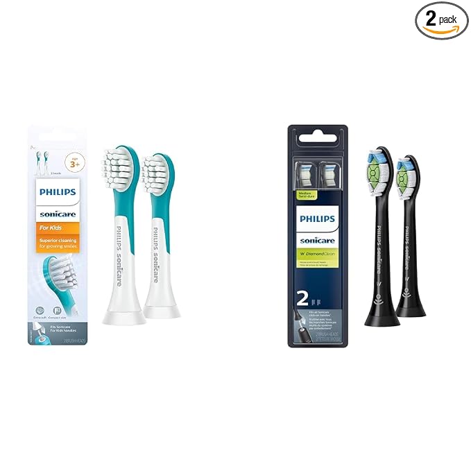 Philips Sonicare for Kids 3+ Genuine Replacement Toothbrush Heads, 2 Brush Heads, Turquoise and White, Compact, HX6032/94 & Genuine W DiamondClean Toothbrush Heads, 2 Brush Heads, Black, HX6062/95