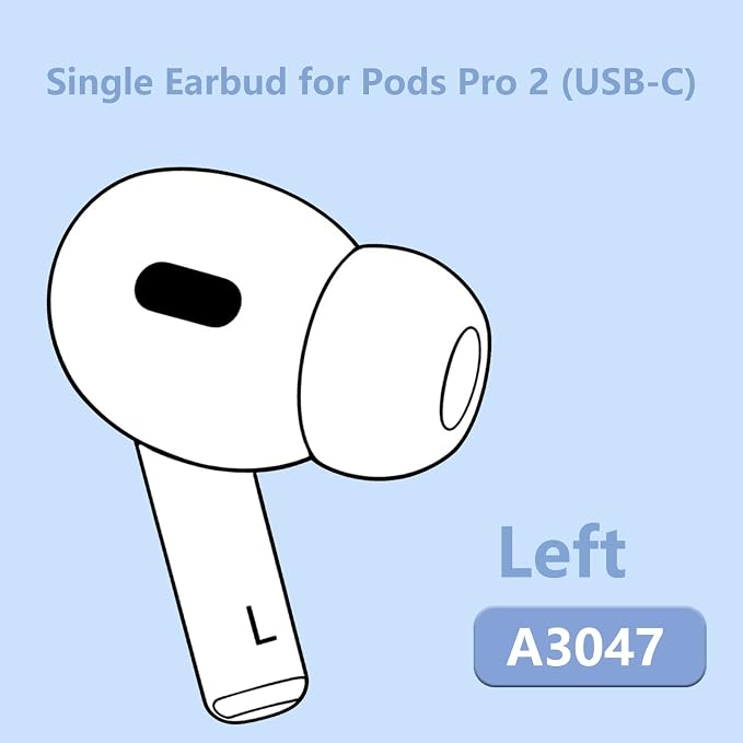 OEM Single Left Earbuds Replacement for Pod Pro (2nd Generation), A3047, A3048, A3049. Genuine Left Ear Side Only, Compatible Original Air Pro 2 A2968 Charging Case (Left-A3047 A3048 A3049)