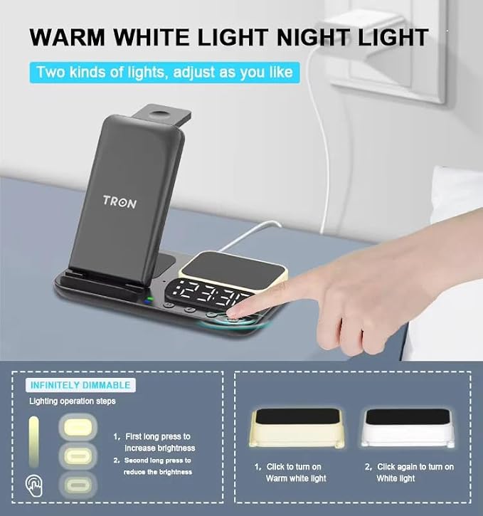 Tron 7-in-1 Wireless Charging Station with Clock, 25W Adapter, Night Light, iPhone/Watch/Earbuds Compatible, for Travel, Home, Office, and Bedroom – TR42
