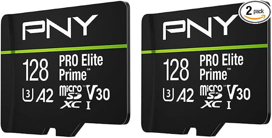 PNY 128GB PRO Elite Prime™ C10 U3 V30 A2 microSDXC Flash Memory Card – Ultra-Fast Speeds, Read 200MB/s, Write 150MB/s, 4K UHD, Full HD, UHS-I, for Smartphones, Drones, Action Cameras, 2-Pack