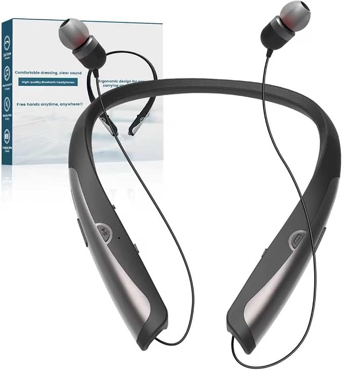 Bluetooth 5.3 Neckband Bluetooth Headphone, Sweat Resistant Noise Cancelling Stereo Headphones, and Retractable Ear Tips for Music, Conference, Videos（Bright Black）