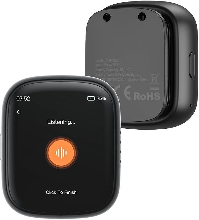 AI Language Translator Device Support 102 Languages Voice Instant Two-Way Translation Voice Recorder Wearable AI Chat Companion Bluetooth 6.0 25-Hour Battery Life&21-Day Standby for Travel Business