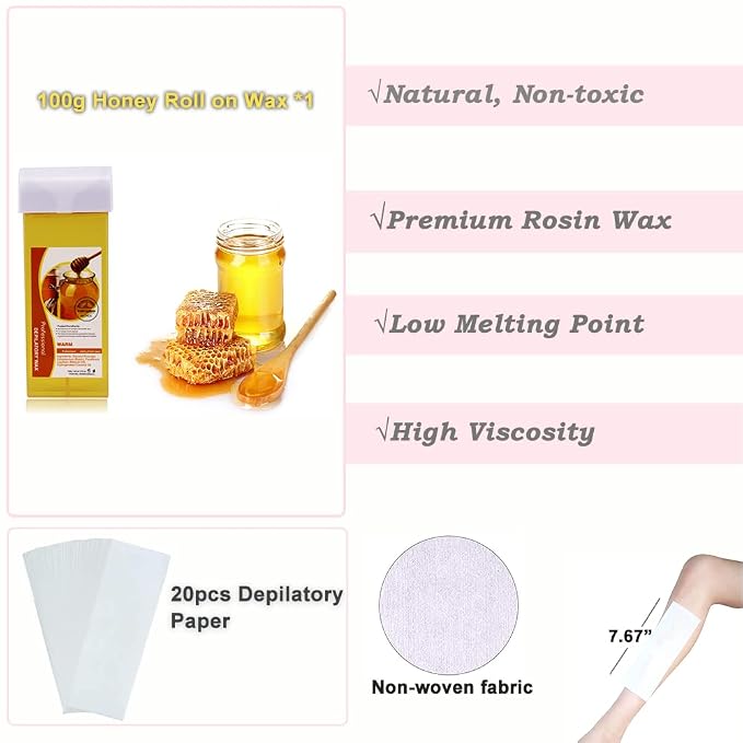 Depilatory Roll on Wax Warmer Kit, Portable Hair Removal Epilator Machine Set for Women Men - Leg, Bikini, Armpit (Heater 1, Wax 1, 20 Strips)